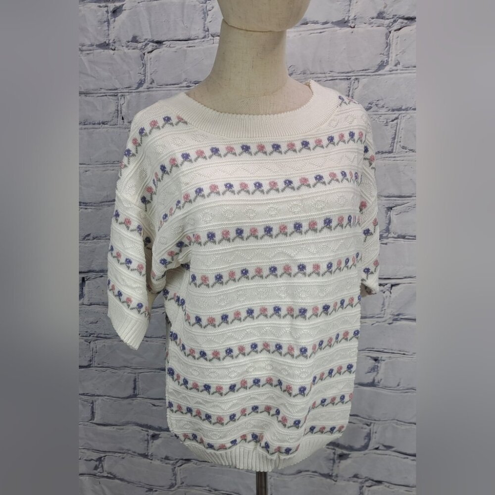NWT Jordano Women's Sweater Cottagecore Floral Crewneck S/S Knit Oversized Large